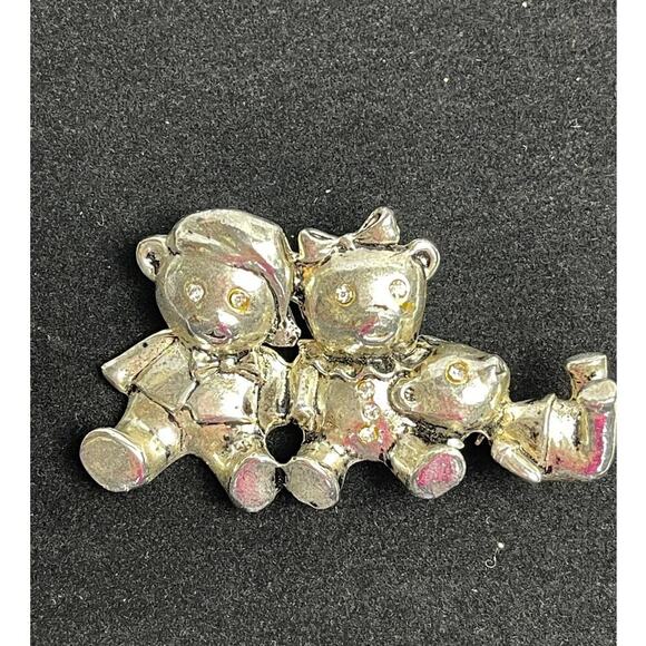3 Silver Bear Cubs Pin Brooch With Rhinestone Eyes - Picture 1 of 9